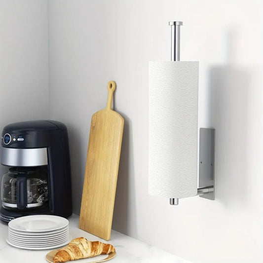 Stainless steel paper towel holder by BACKUPMYFILESNOW.COM®, adhesive under-cabinet roll holder for kitchen storage and organization.