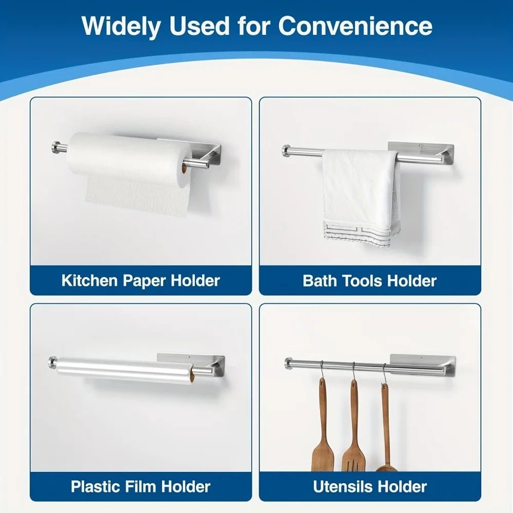 Stainless steel paper towel holder by BACKUPMYFILESNOW.COM®, self-adhesive under cabinet roll holder for kitchen storage and organization.