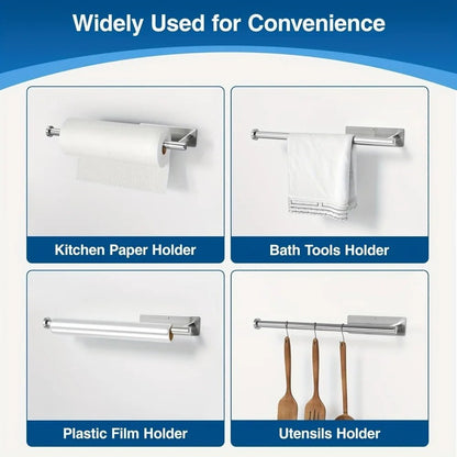 Stainless steel paper towel holder by BACKUPMYFILESNOW.COM®, self-adhesive under cabinet roll holder for kitchen storage and organization.