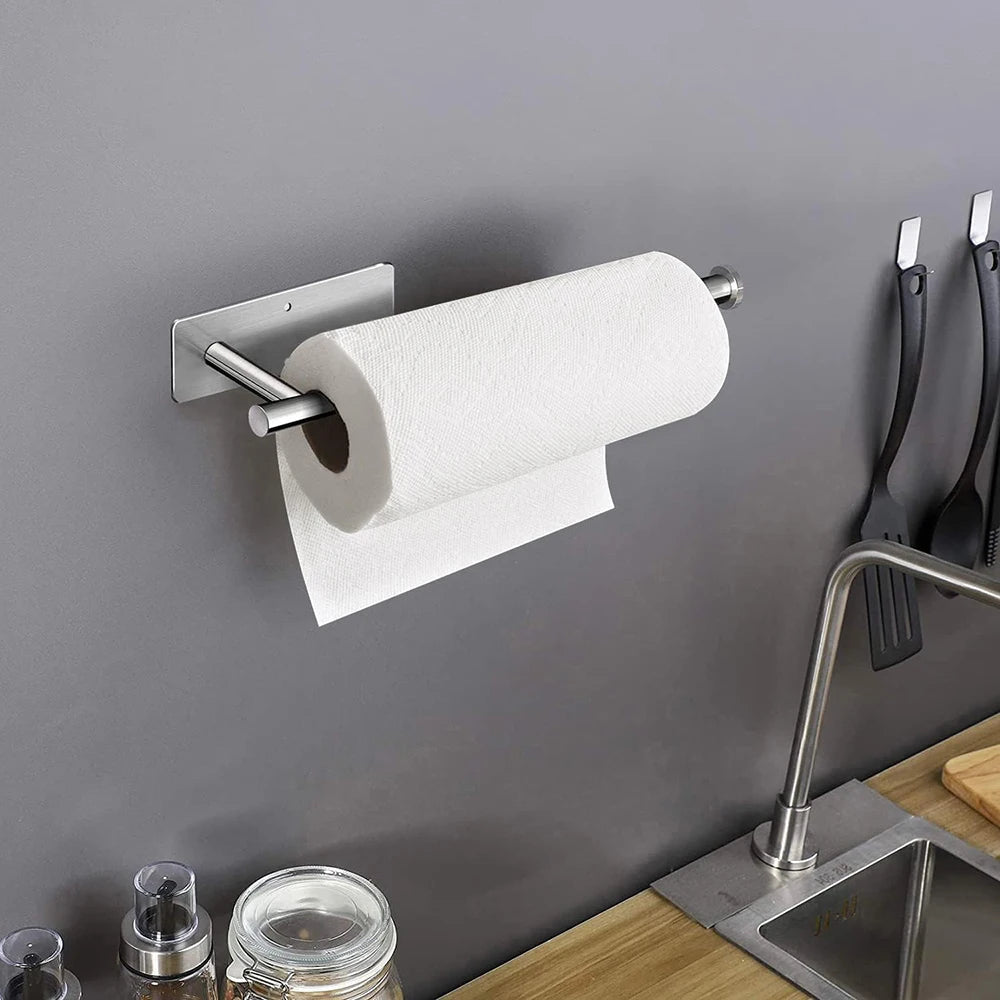 Stainless steel paper towel holder by BACKUPMYFILESNOW.COM®, self-adhesive under cabinet roll holder for kitchen storage and organization.