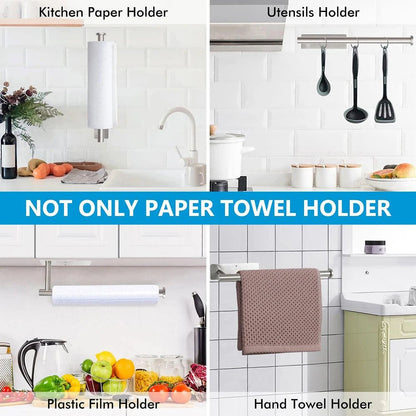 Stainless steel paper towel holder by BACKUPMYFILESNOW.COM® mounted under cabinet for kitchen storage and organization.
