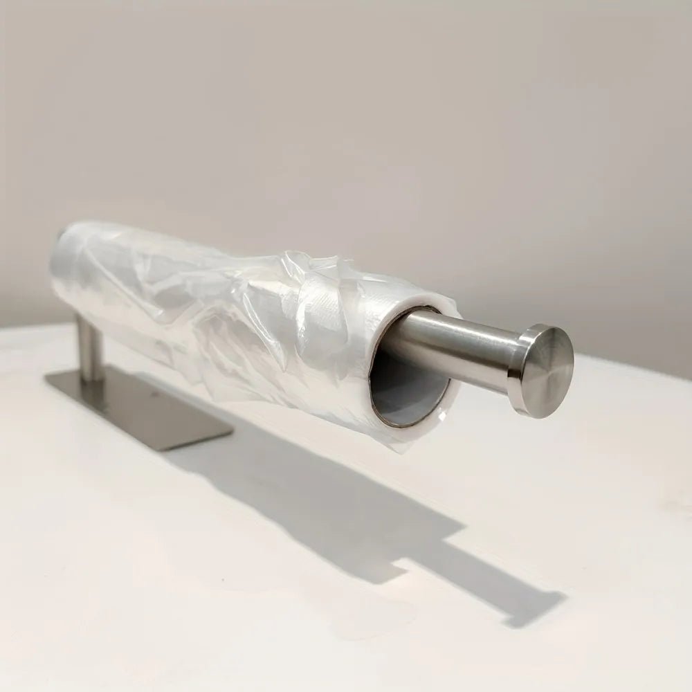 Stainless steel paper towel holder by BACKUPMYFILESNOW.COM®, self-adhesive under cabinet roll holder for kitchen storage and organization.