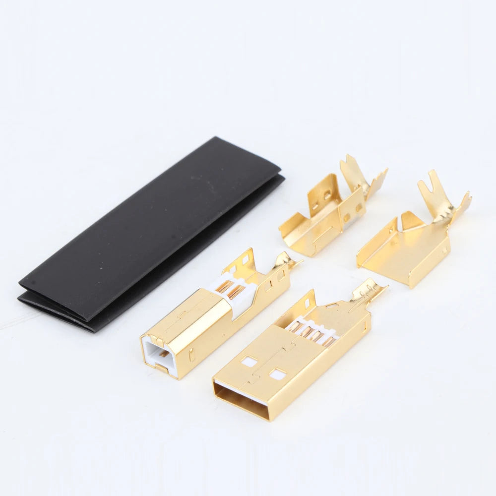 Silver-plated USB A and USB B hi-fi audio connectors set for DIY USB cables and data line interfaces.