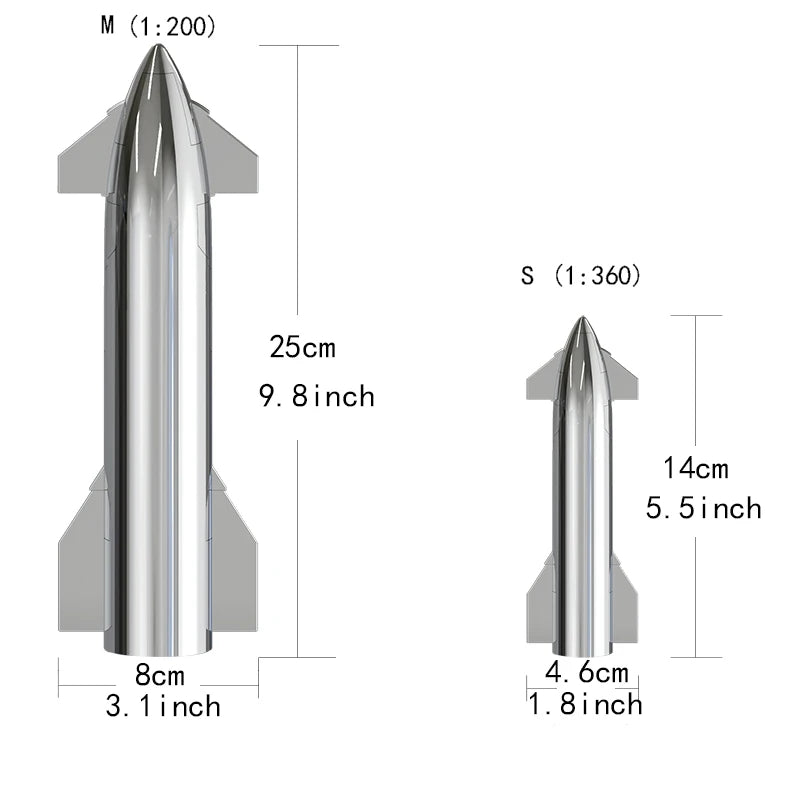 Silver SpaceX Starship rocket model with metallic finish, detailed NASA-inspired spacecraft and Falcon rocket toy on desktop display.
