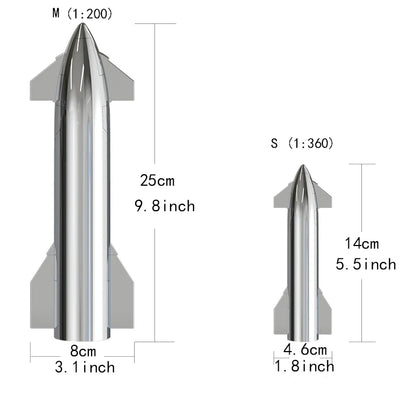 Silver SpaceX Starship rocket model with metallic finish, detailed NASA-inspired spacecraft and Falcon rocket toy on desktop display.