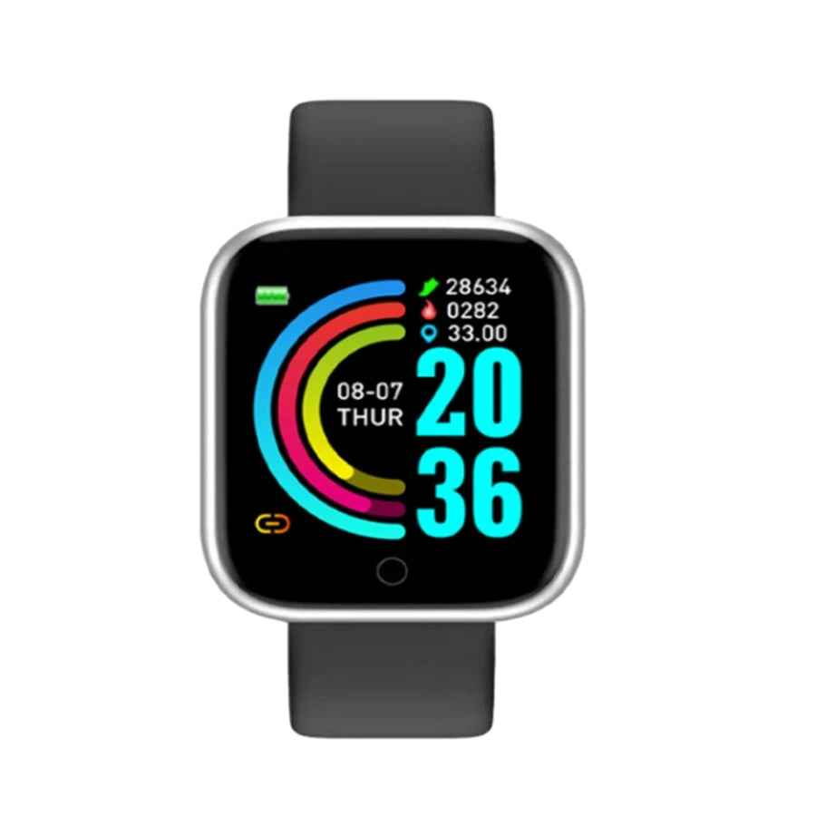 Silver smart watch for women and men with Bluetooth, fitness tracker, sleep monitor, digital display, and phone music control.