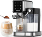 TENKER espresso machine in stainless steel with 20 bar pressure, automatic milk frother, touchscreen control, ideal for home and office.