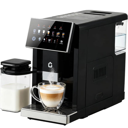 3rd-Gen BackupMyFilesNow.com espresso coffee maker with milk frother, removable grinder, adjustable settings, and detachable milk tank.