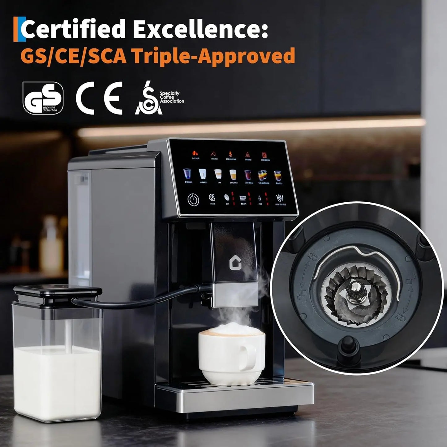 Silver 3rd-Gen Espresso Coffee Maker with milk frother, removable brewer, grinder, adjustable coarseness, flavor, and detachable milk tank.