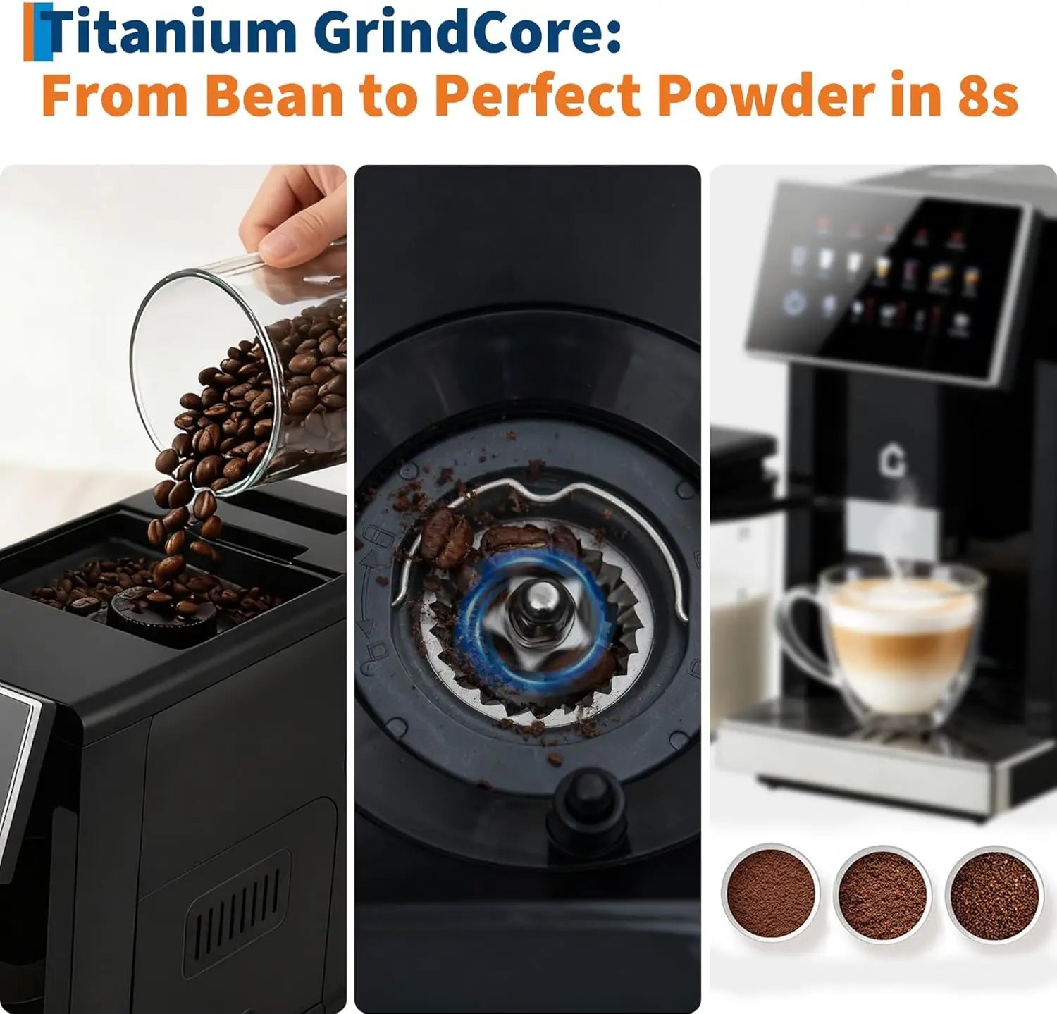 Silver 3rd-Gen espresso coffee maker with milk frother, removable brewer and grinder, adjustable settings, and detachable milk tank.