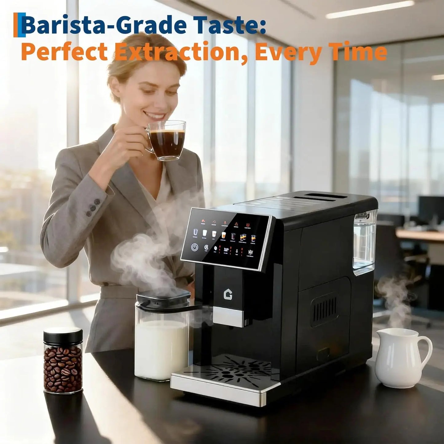 Silver 3rd-Gen Espresso Coffee Maker with milk frother, removable grinder, adjustable coarseness, flavor, and detachable milk tank.