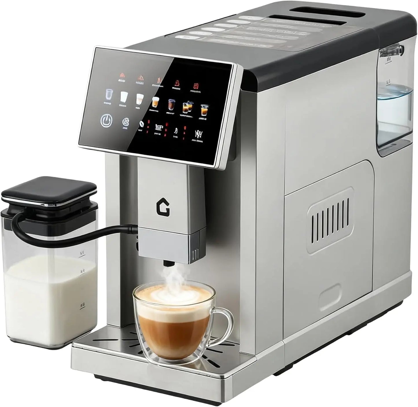 Silver 3rd-Gen espresso coffee maker with milk frother, removable grinder, adjustable coarseness, flavor, and detachable milk tank.