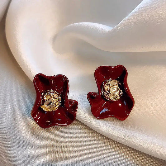 925 silver Korean fashion flower earrings with red and white irregular design, vintage stud jewelry for women