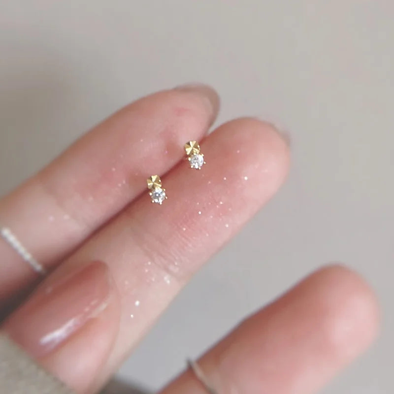 925 silver stud earrings with round cubic zirconia, minimalist small needle design, perfect gift for her