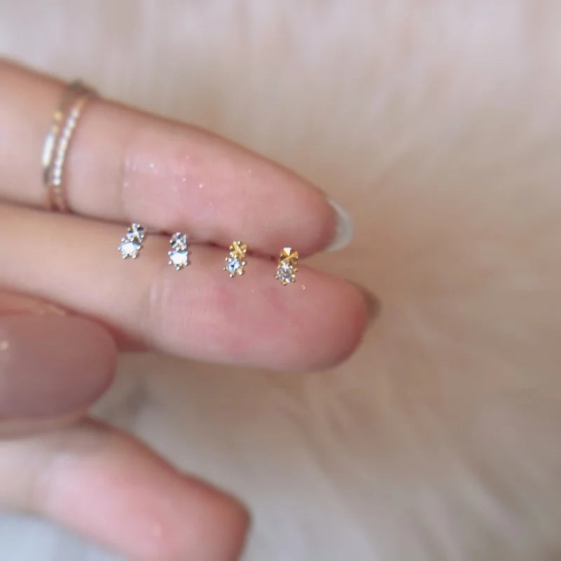 925 silver needle stud earrings with round cubic zirconia, minimalist design, small size, perfect gift for her.