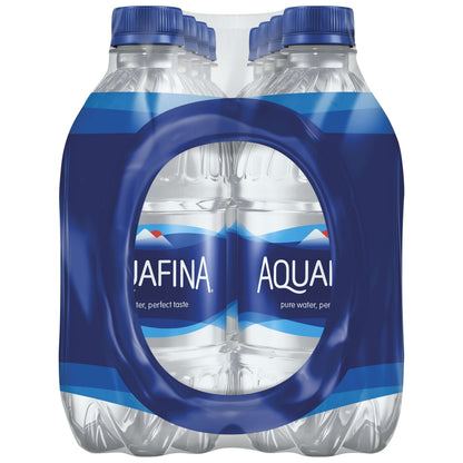 Eight 12 fl oz plastic bottles of Aquafina purified drinking water from BACKUPMYFILESNOW.COM® arranged in a pack.