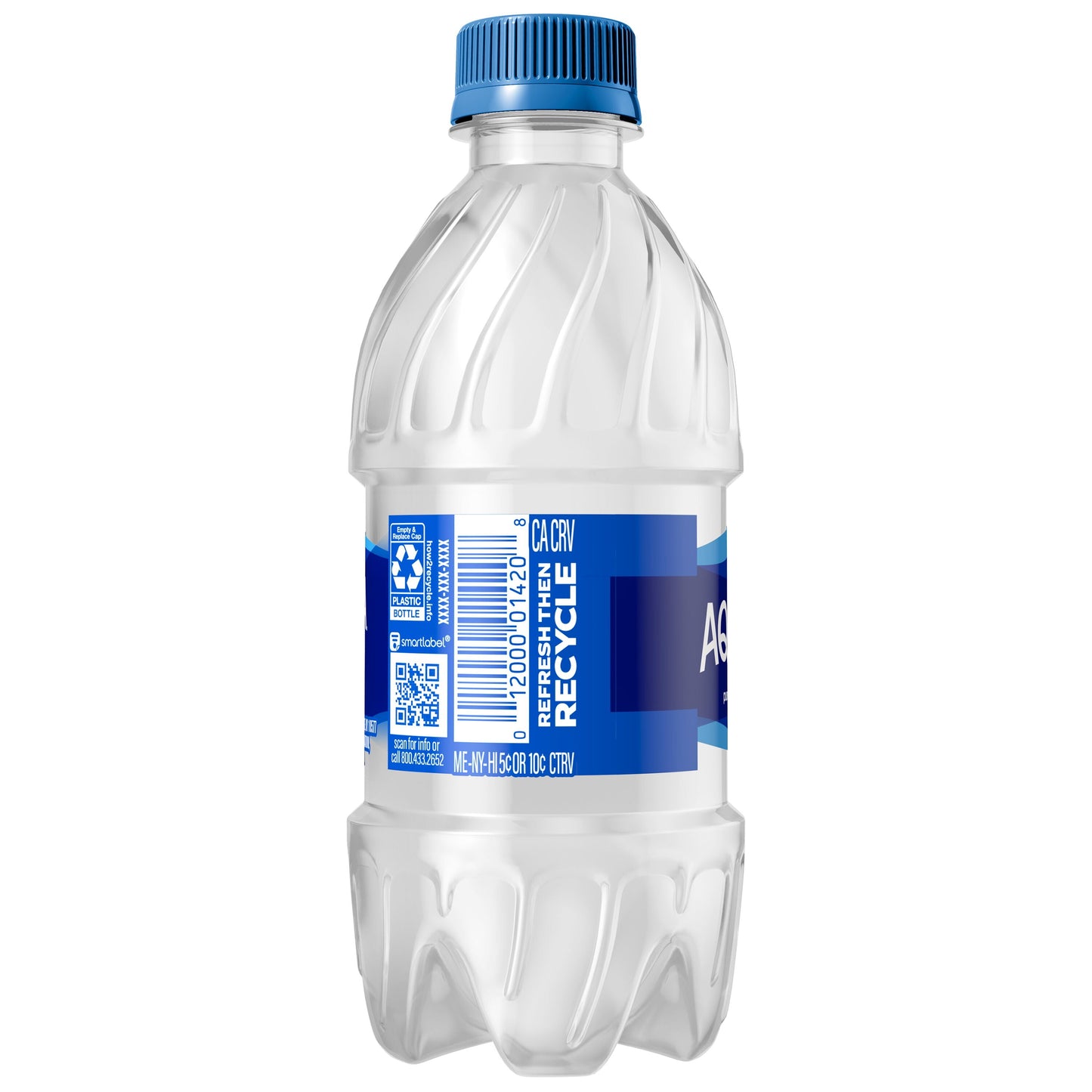 Eight 12 fl oz Aquafina purified drinking water plastic bottles in a pack, clear bottles with blue caps, on a white background.