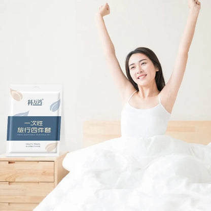 Disposable bedding set with duvet cover and pillowcase, thickened non-woven isolation sheets for travel and hygiene protection.