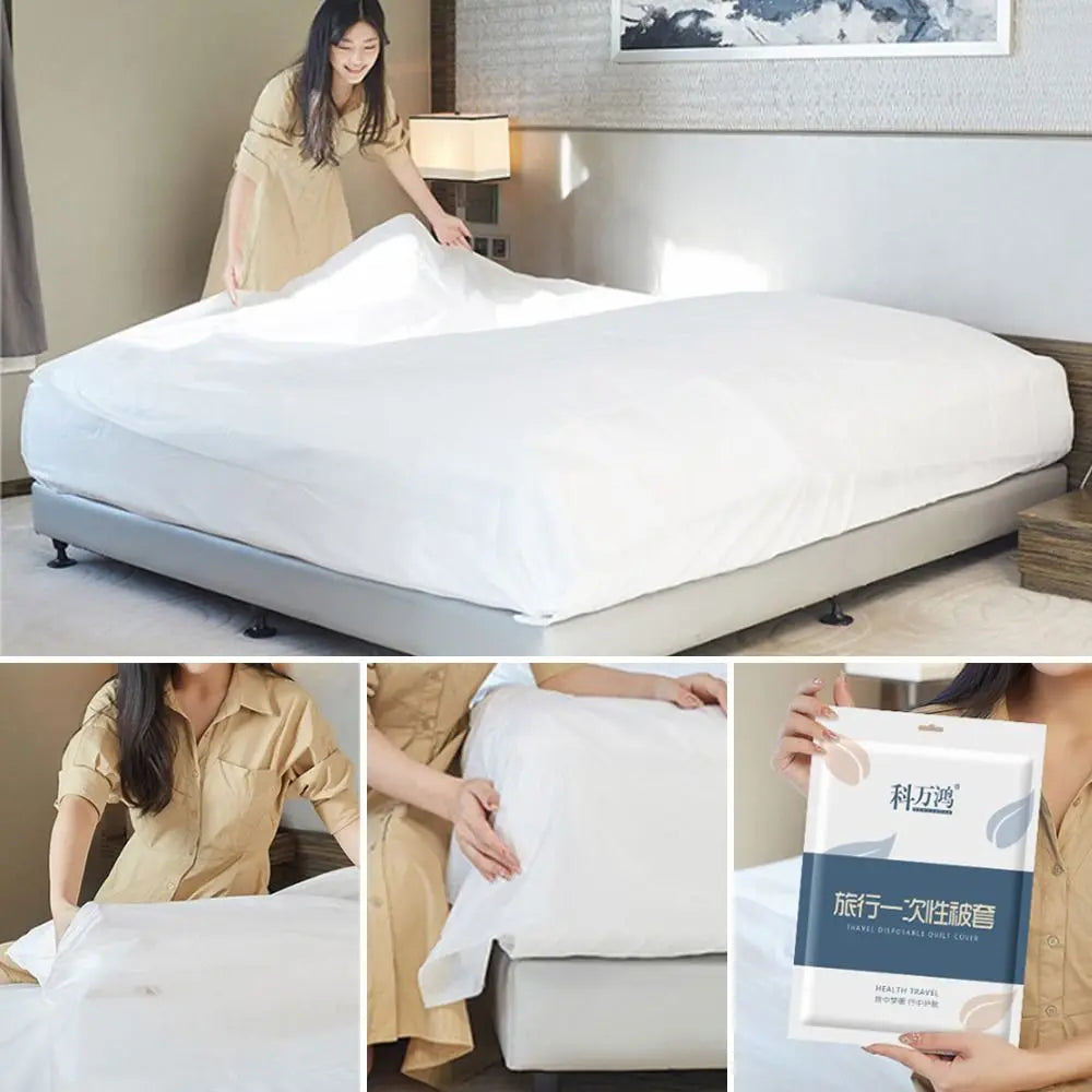 Disposable 3/4-piece bed sheet set with duvet cover and pillowcase, thickened non-woven isolation sheets for travel.