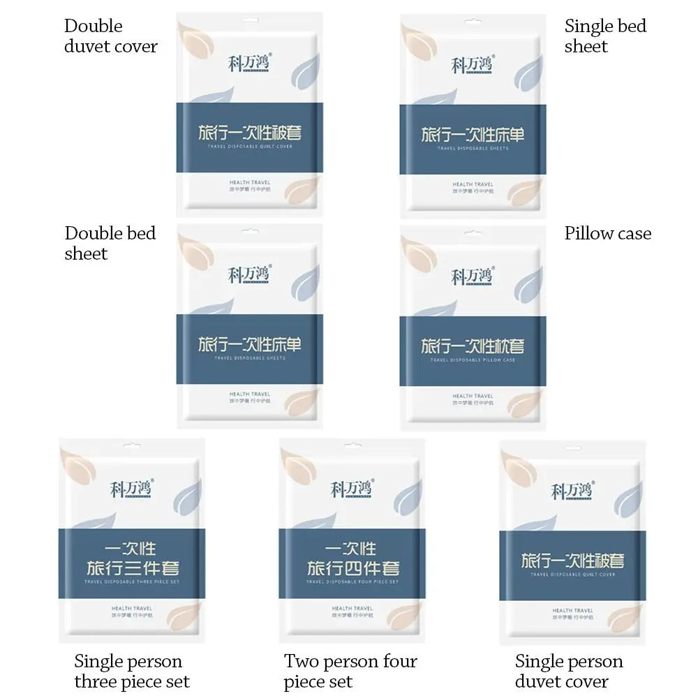 Disposable bed sheet and pillowcase set by BACKUPMYFILESNOW.COM®, includes duvet cover and non-woven isolation sheets for travel.