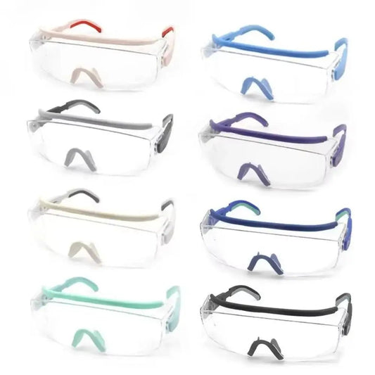 Sky blue anti-fog dust safety goggles with adjustable frame, UV protection, impact resistance, and splash-proof design for eye safety.