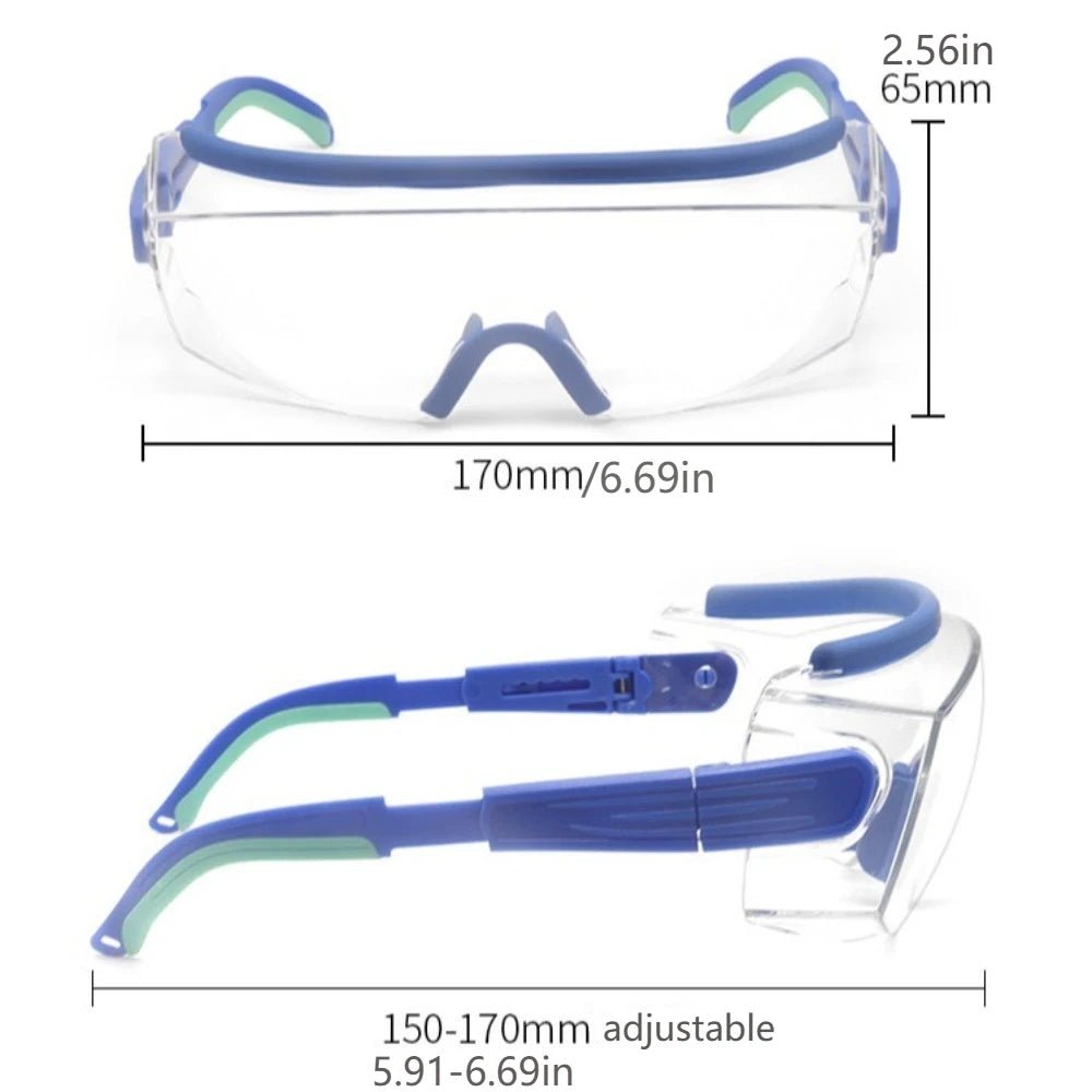 Sky blue BACKUPMYFILESNOW.COM® anti-fog dust safety goggles with adjustable frame, UV blocking, impact-resistant eye protection for surgery.