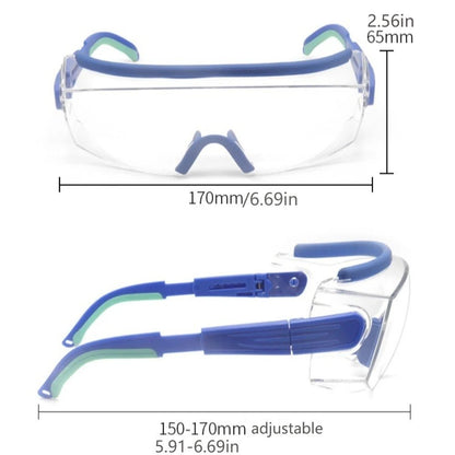 Sky blue BACKUPMYFILESNOW.COM® anti-fog dust safety goggles with adjustable frame, UV blocking, impact-resistant eye protection for surgery.