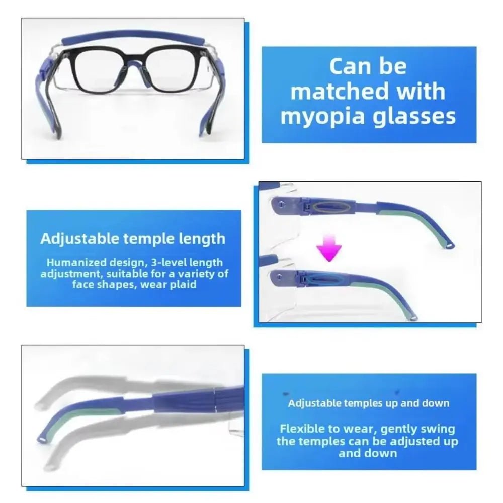 Sky blue anti-fog dust safety goggles with adjustable frame, impact-resistant UV protection for eye safety during surgeries and splashes.