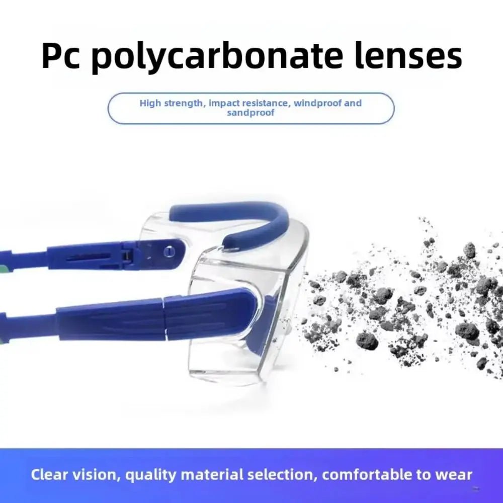 Sky blue BACKUPMYFILESNOW.COM® anti-fog dust safety goggles with adjustable frame, UV protection, impact-resistant lenses, ideal for eye safety.