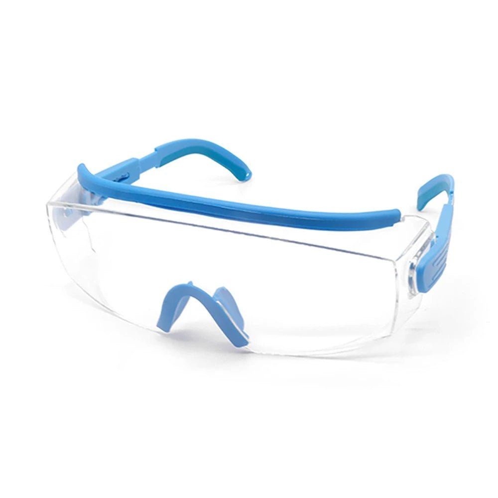 Sky blue anti-fog dust safety goggles by BACKUPMYFILESNOW.COM® with adjustable frame, UV protection, impact resistance, and splash defense.