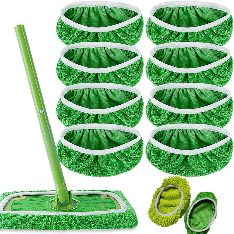 Green microfiber mop cloth replacement for Swiffer flat mop, absorbent, reusable household cleaning accessory.