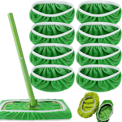 Green microfiber mop cloth replacement for Swiffer flat mop, absorbent, reusable household cleaning accessory.