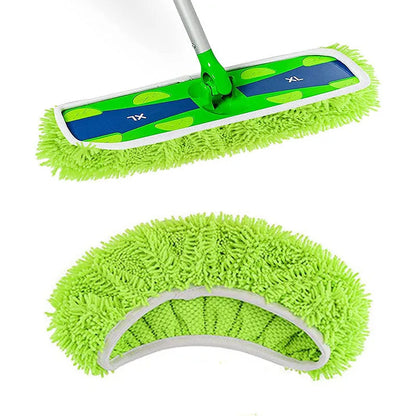 Green microfiber mop cloth replacement for Swiffer flat mop, absorbent and reusable household cleaning accessory.