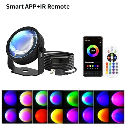 Tuya Smart Sunset Projector Lamp with RGB LED spotlight, smart app control, IR remote, ideal for party, photography, and night light decor.