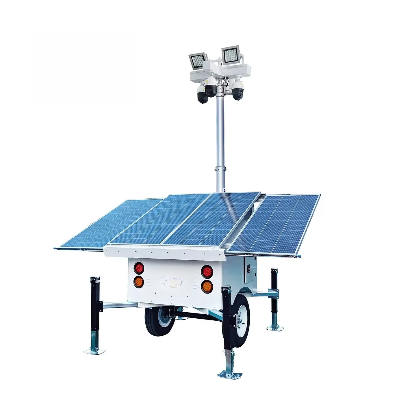 BackupMyFilesNow® 800W solar panel mobile monitoring trailer with security camera, wireless alarm, and cloud data storage for outdoor use.