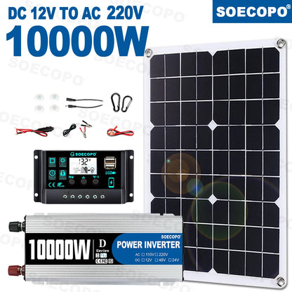BackupMyFilesNow SOECOPO 7000W solar power system kit with inverter, 500W panel, and 100A controller for off-grid home and camping.