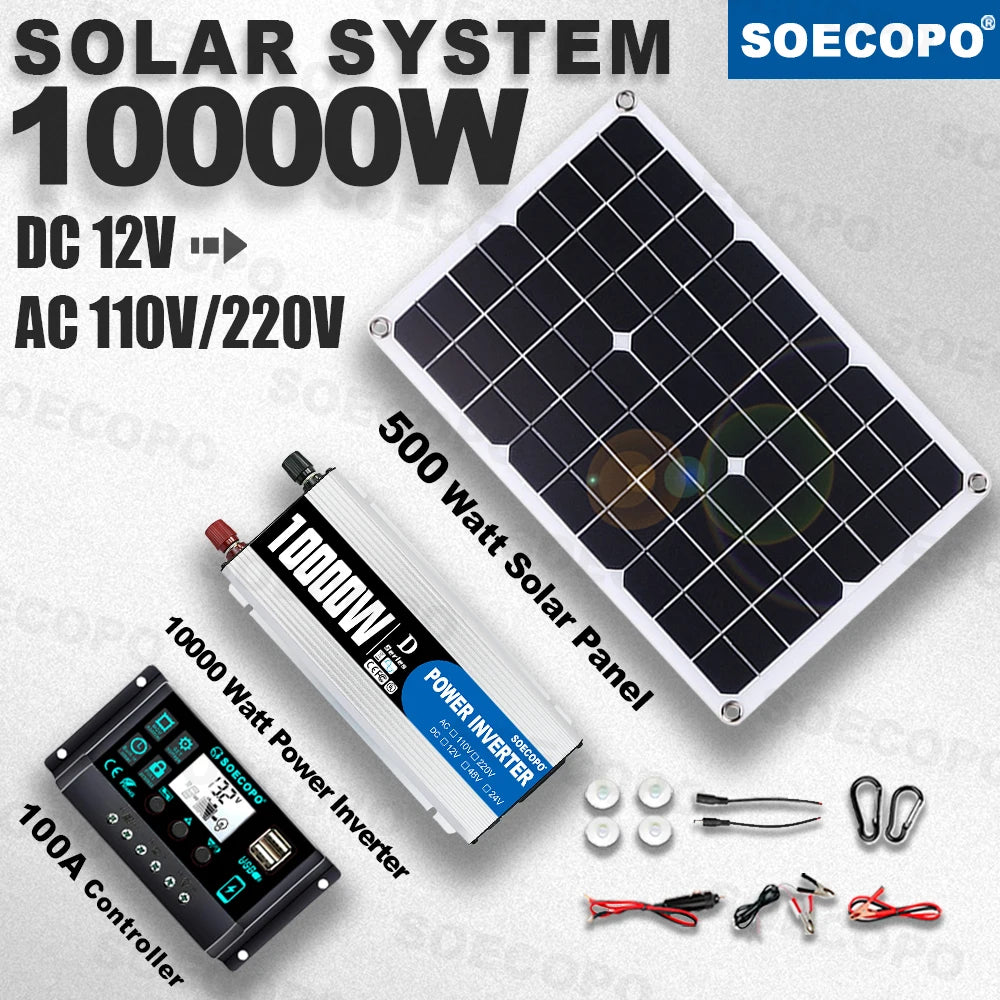 BackupMyFilesNow® SOECOPO 7000W Solar Power System Kit with inverter, 500W panel, and 100A controller for off-grid RV and home use.
