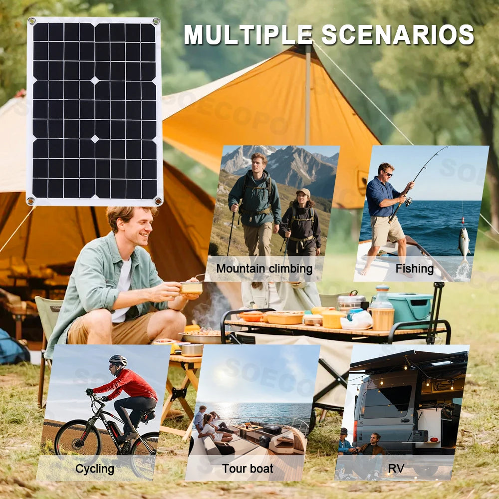 BackupMyFilesNow® SOECOPO 7000W solar power system kit with inverter, 500W panel, and 100A controller for off-grid home and camping.