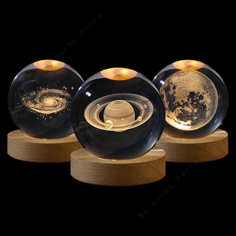 3D crystal ball LED night light depicting planets, Saturn, and moon, glowing galaxy lamp for bedside or children’s room decor.