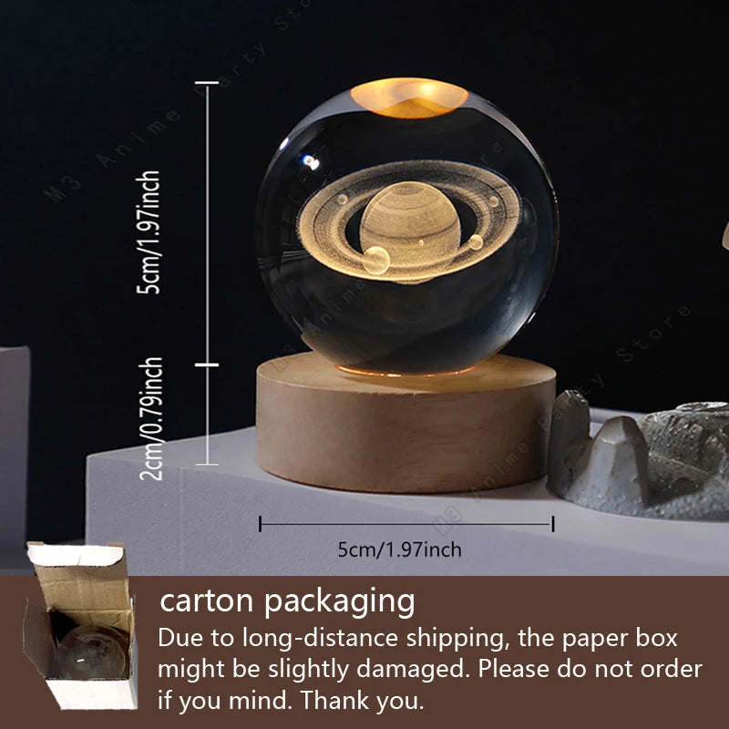 3D crystal ball night light LED lamp featuring Saturn planets and moon, glowing galaxy design for bedside or décor.