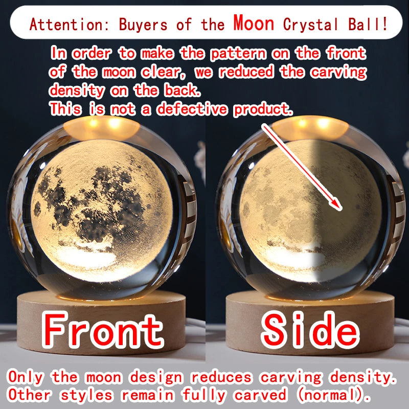 3D crystal ball night light featuring glowing planets, moon, and galaxy design on a bedside table, ideal as a children's gift or decor.