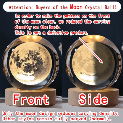 3D crystal ball night light featuring glowing planets, moon, and galaxy design on a bedside table, ideal as a children's gift or decor.