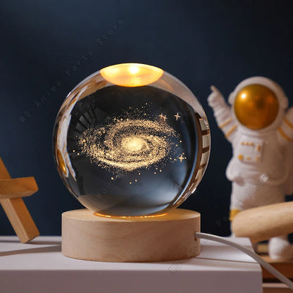 3D crystal ball night light depicting planets, Saturn, and moon, glowing LED galaxy lamp for bedside or children’s room decor