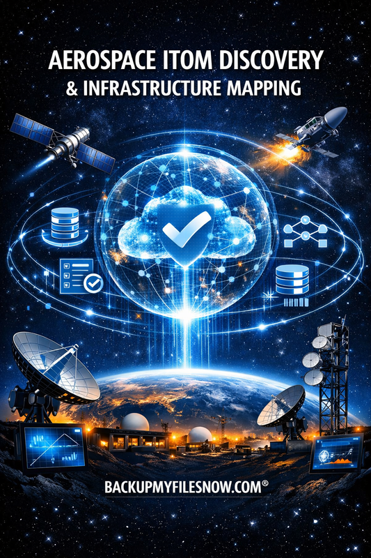 Aerospace ITOM discovery and infrastructure mapping workshop hosted by BACKUPMYFILESNOW.COM® for space services division.