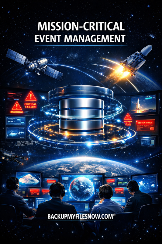 Mission-Critical Event Management by Space Services Division from BACKUPMYFILESNOW.COM® showing a professional team coordinating in a control room.