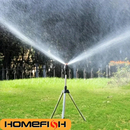 360° rotary irrigation sprinkler head with tripod telescopic support, automatic rotating for garden lawn watering.