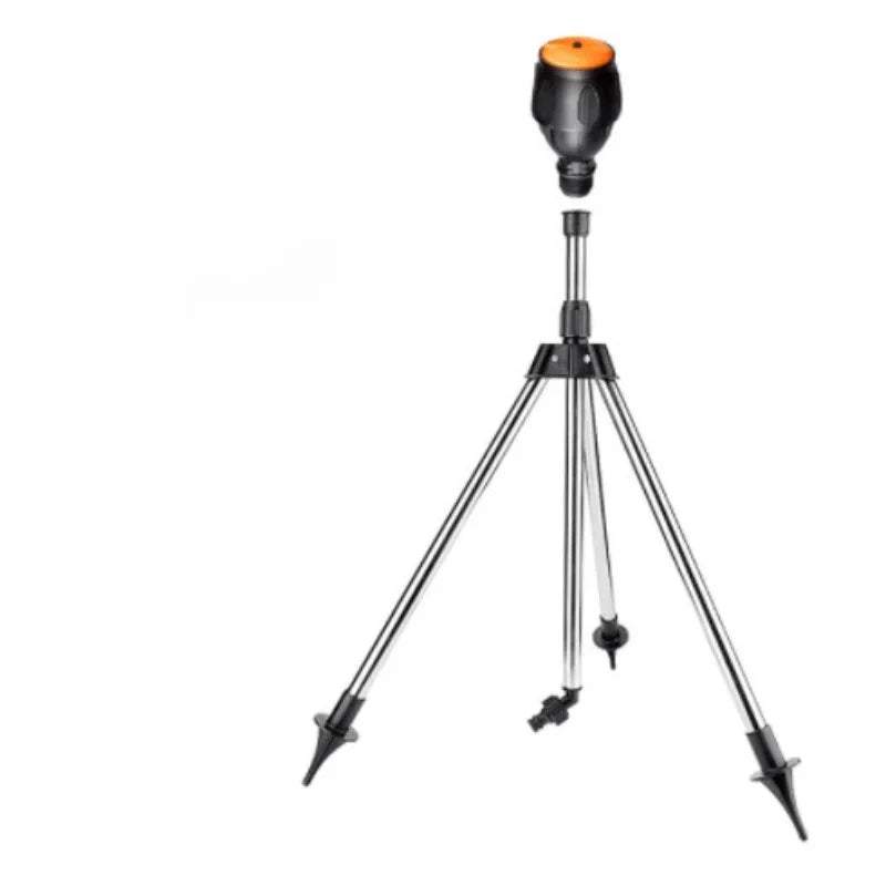 360° rotary irrigation sprinkler head on tripod with telescopic support, automatic rotating garden lawn watering sprayer.