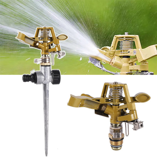 Garden rotating impact sprinkler with brass nozzle, 1/2" male thread, adjustable spray, ideal for lawn irrigation and watering.