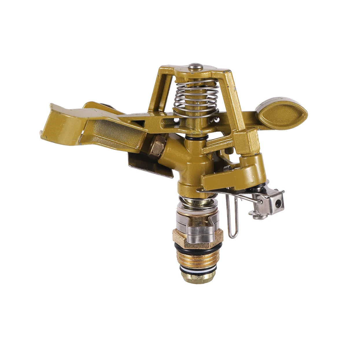 Garden rotating impact sprinkler with brass nozzle, 1/2" male thread, adjustable watering angle for lawn irrigation.