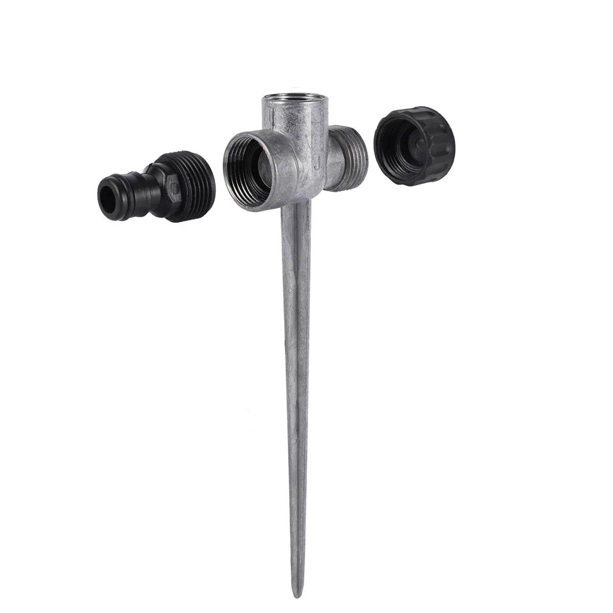Garden rotating impact sprinkler with brass nozzle, 1/2" male thread, adjustable spray pattern for lawn irrigation.